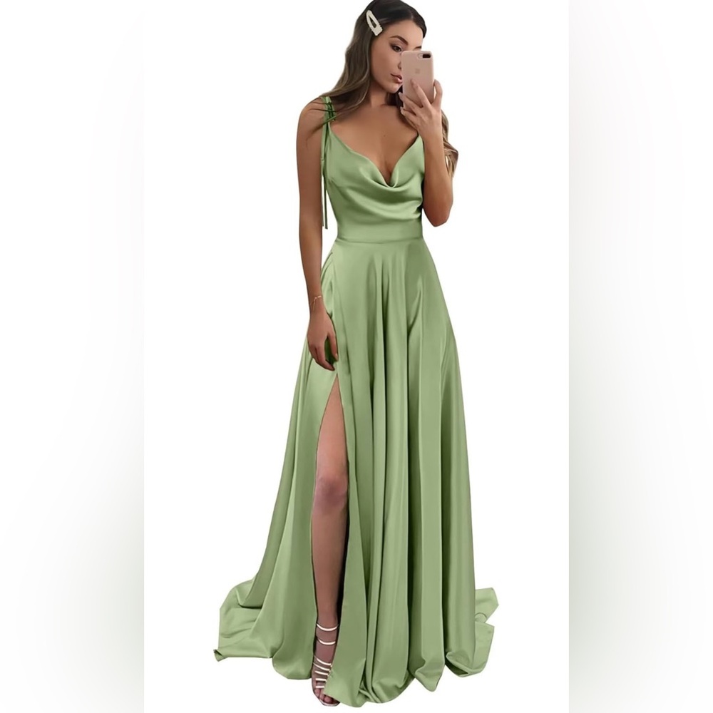 Green Backless Cowl Neck Gown with Slit